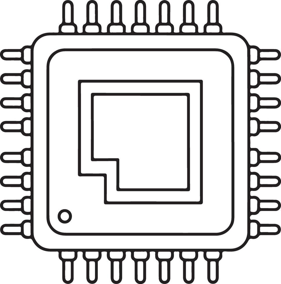 Close up black and white line drawing of a computer microchip with many pins and internal circuitry vector