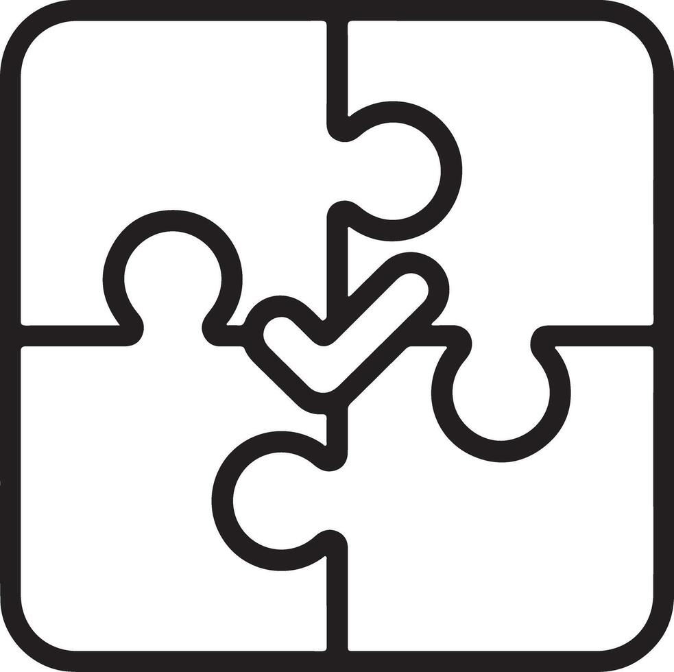 Four puzzle pieces fitting together with a checkmark indicating a successful solution vector