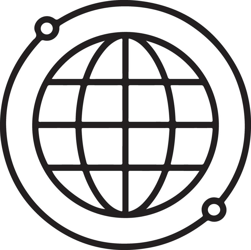 Abstract line art icon of a globe surrounded by a circular orbiting path vector