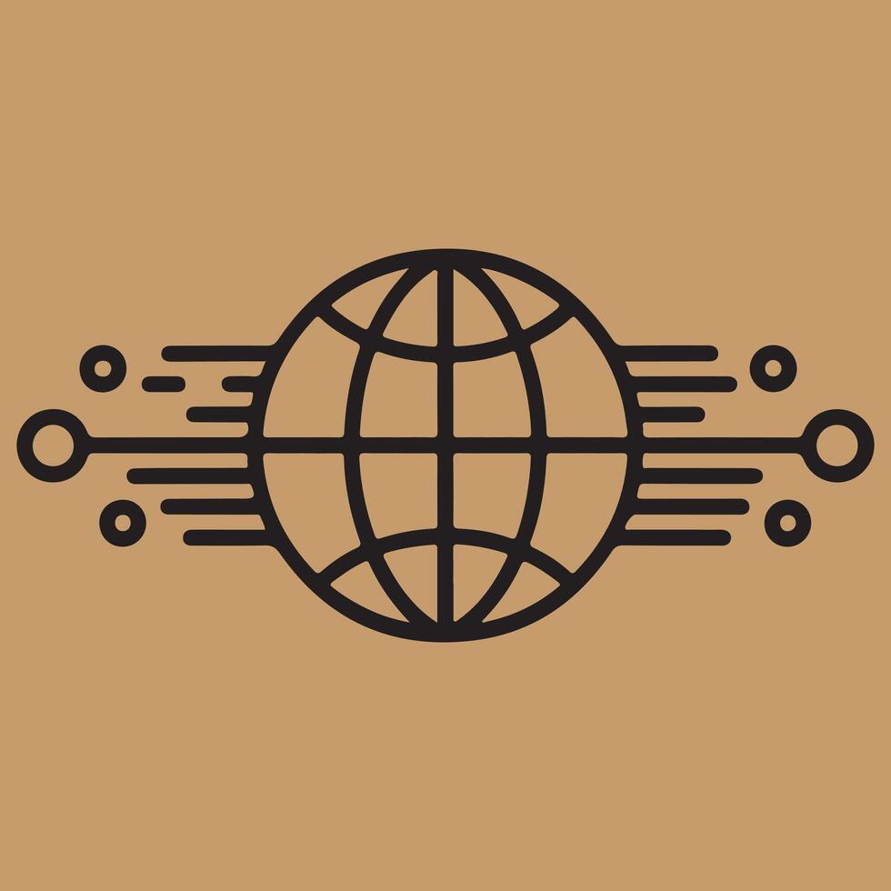 Abstract globe icon with digital data streams connecting to network nodes on a warm background vector