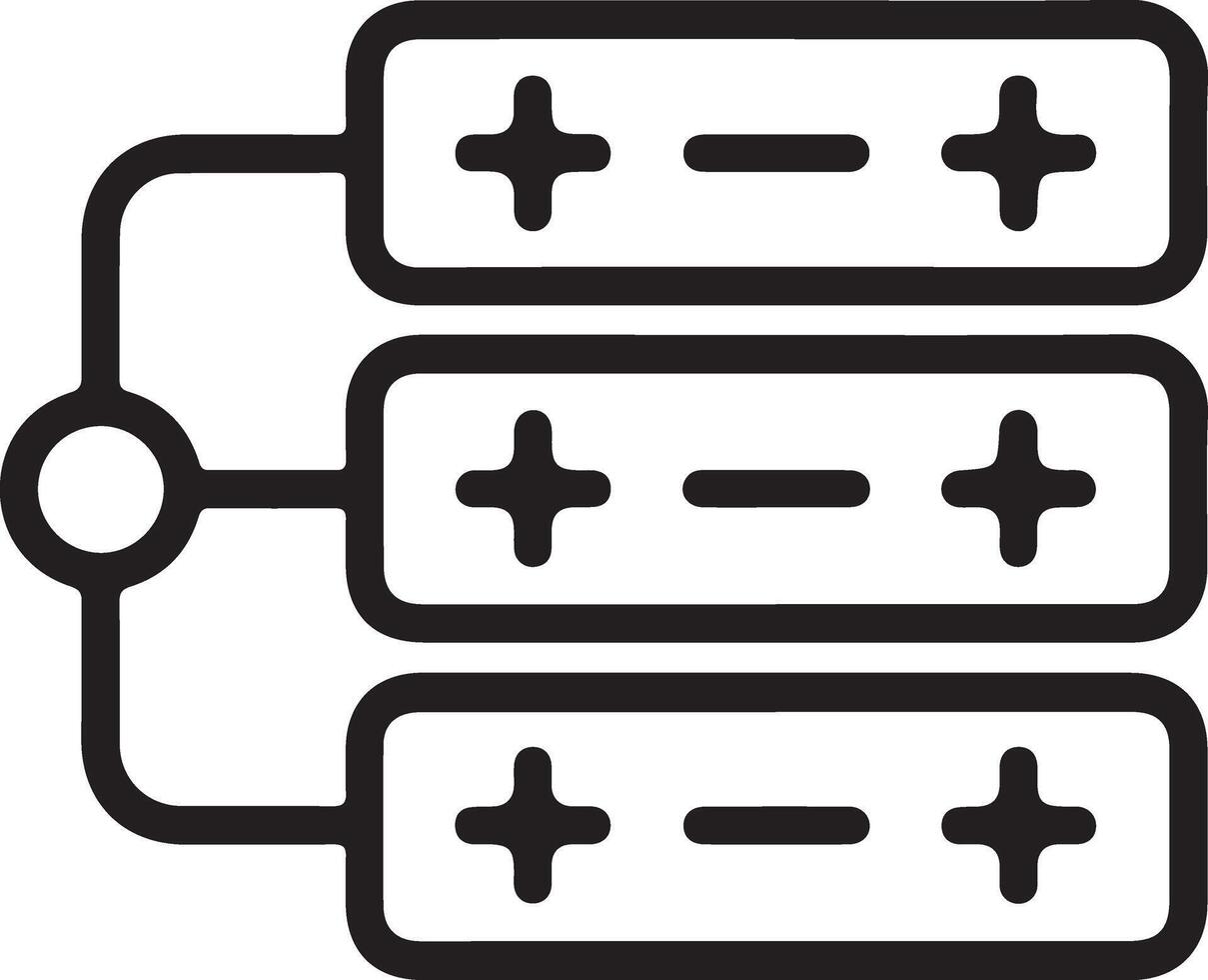 Simple line art icon representing three batteries connected in parallel with positive and negative terminals vector