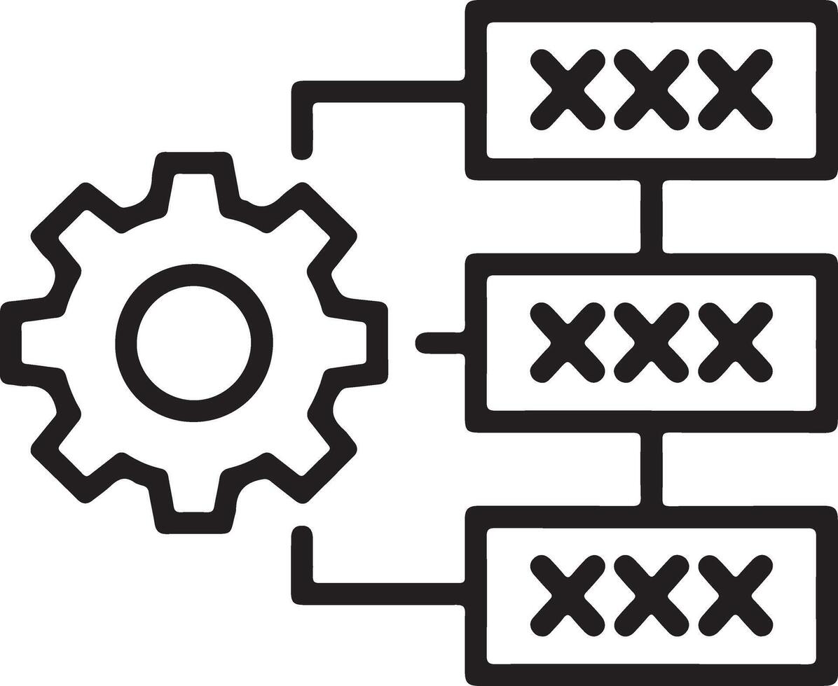 Abstract icon representing data processing and system management with a gear and connected blocks vector