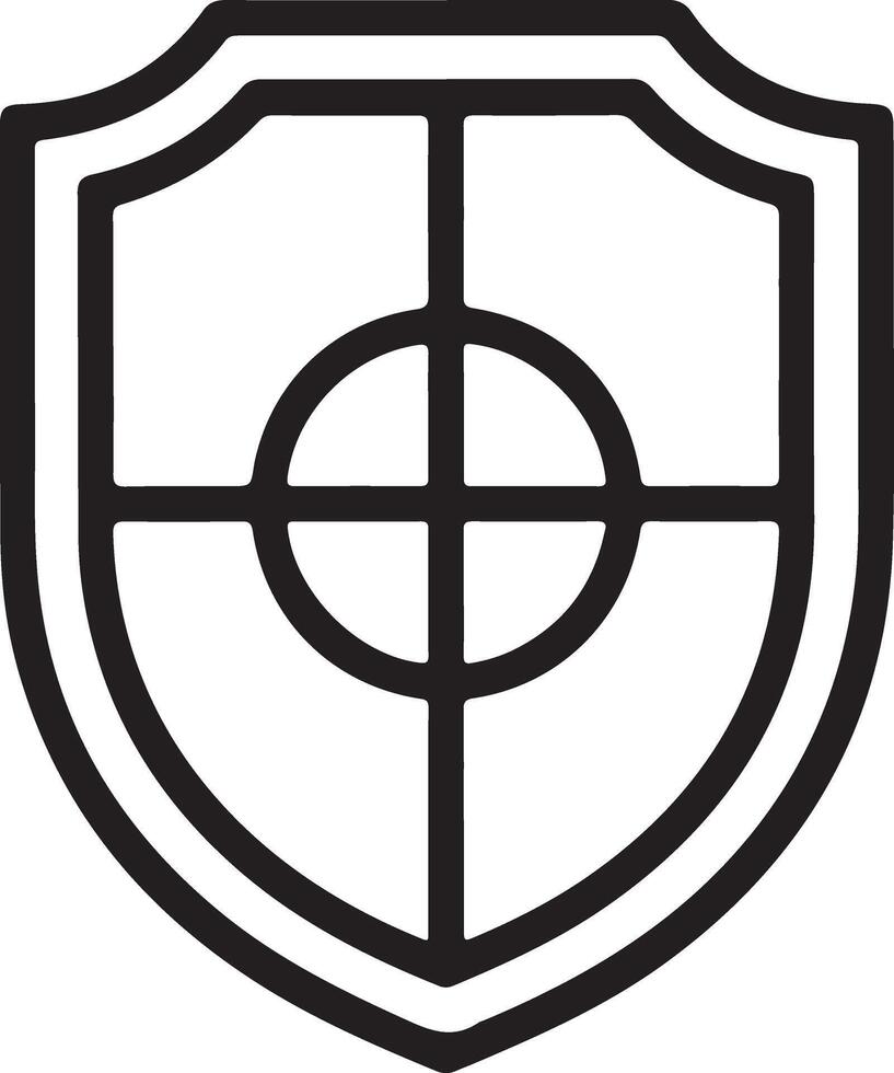 Black outline icon of a shield with a target symbol inside representing security and protection vector