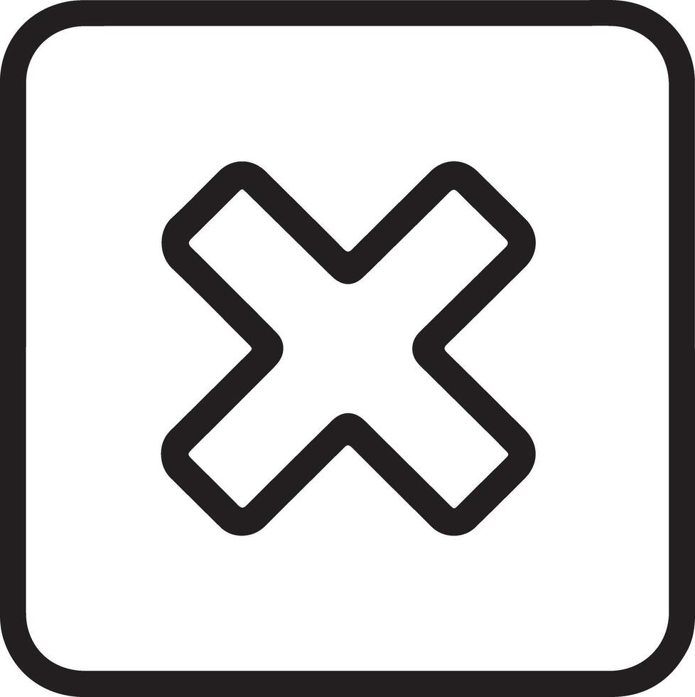 Simple black and white outline of a cross symbol inside a rounded square icon vector