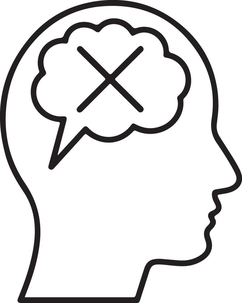 Silhouette of a human head with a thought bubble containing a large x symbol representing a blocked idea or negative thought vector