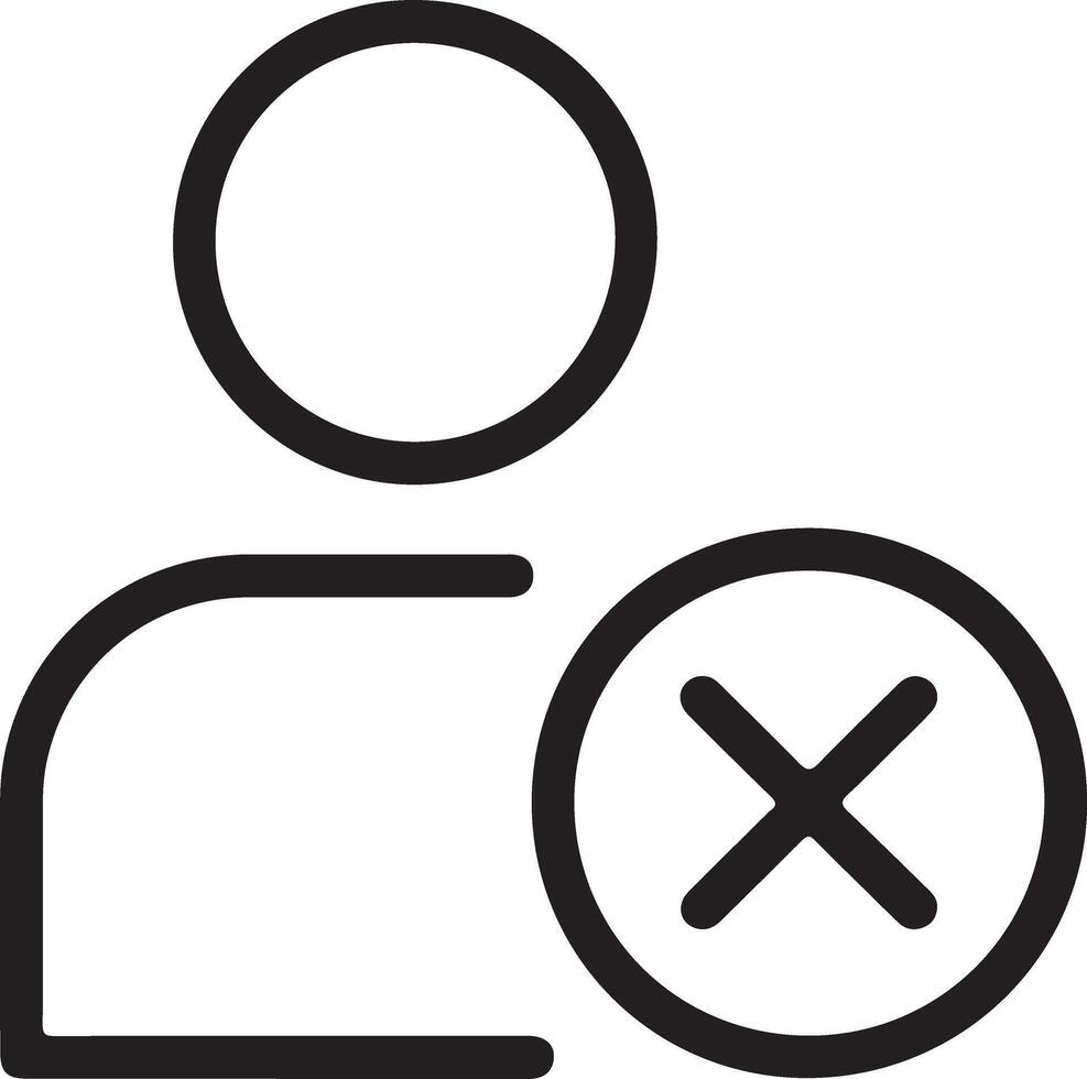 Simple outline icon of a user silhouette with a red x symbol indicating deletion or removal vector