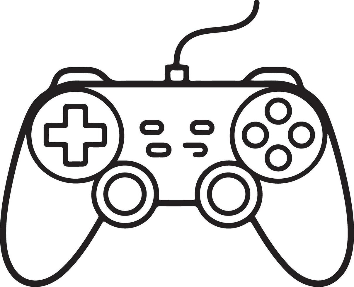 Simple outline drawing of a classic game controller with a wire on a white background vector