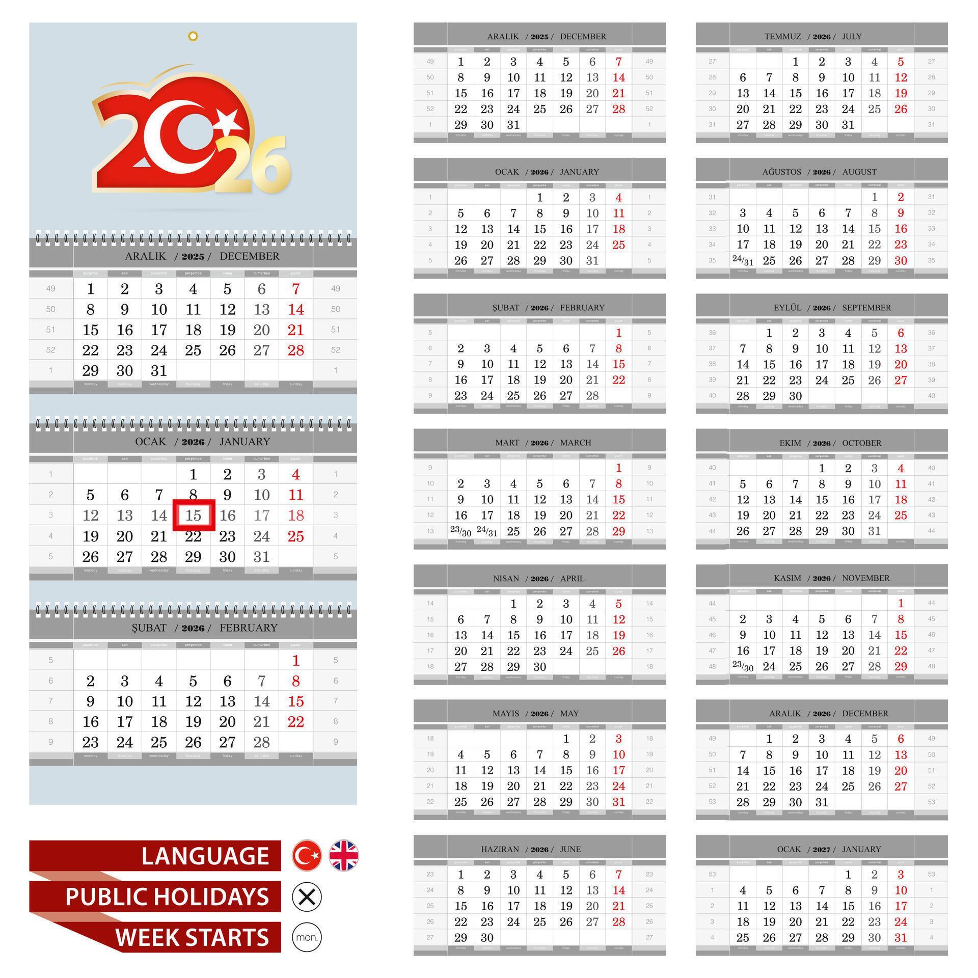 Wall calendar planner template for 2026 year. Turkish and English ...