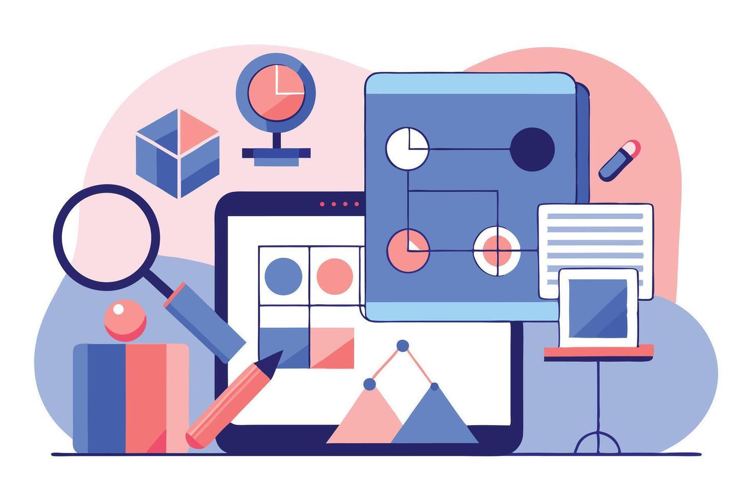 Magnifying glass scrutinizes a tablet showing grids, coupled with a monitor and floating charts vector
