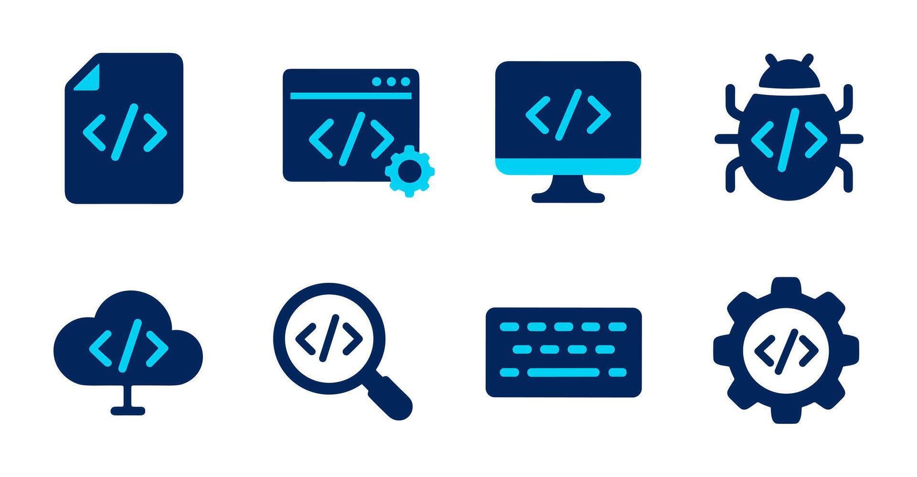 Software development elements showcase coding process, debugging, and cloud deployment in a modern, minimalist style. vector