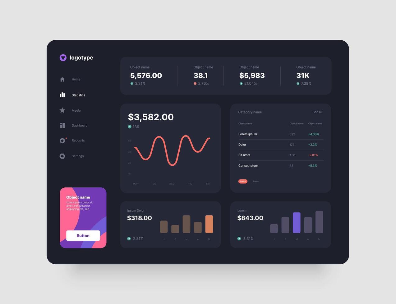 Dashboard Design with diagram. App interface with UI and UX elements. Use design for web application, desktop app or website. Dark mode. vector