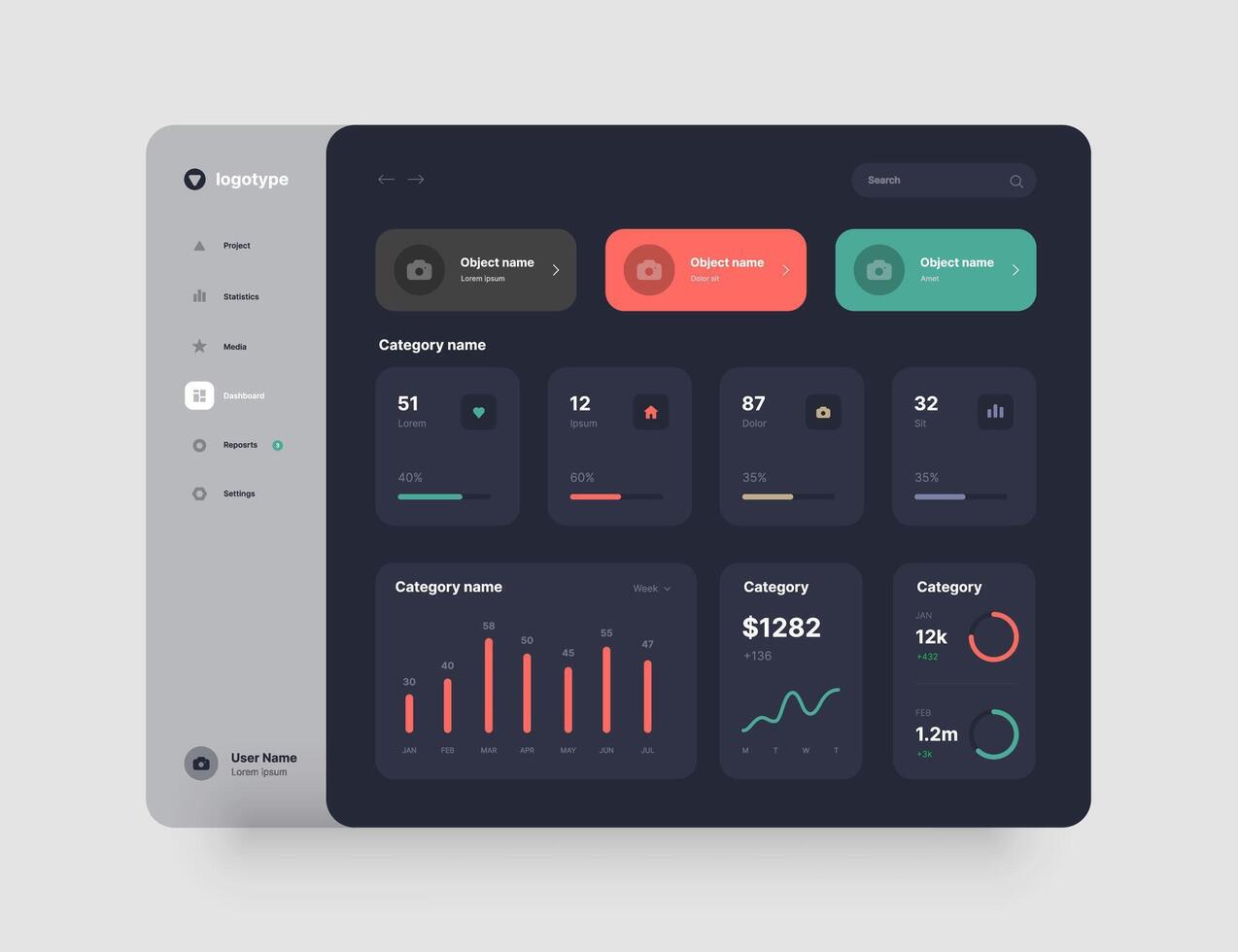 Dashboard App interface with UI and UX elements. Use design for web application, desktop app or website. Dark mode. vector