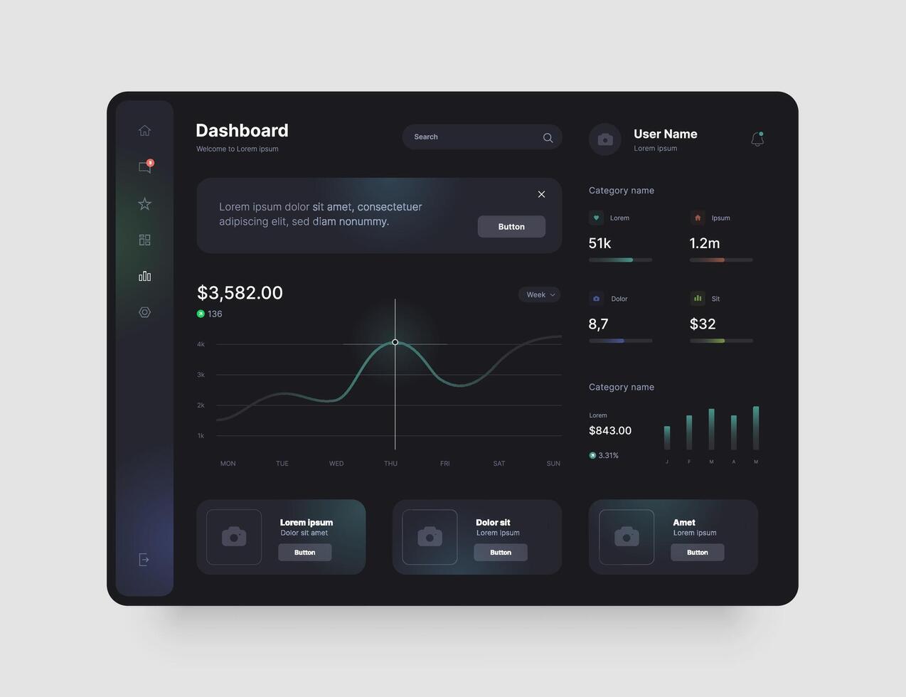 Dark Tone Dashboard Design. App interface with UI and UX elements. Use design for web application, desktop or mobile app. vector