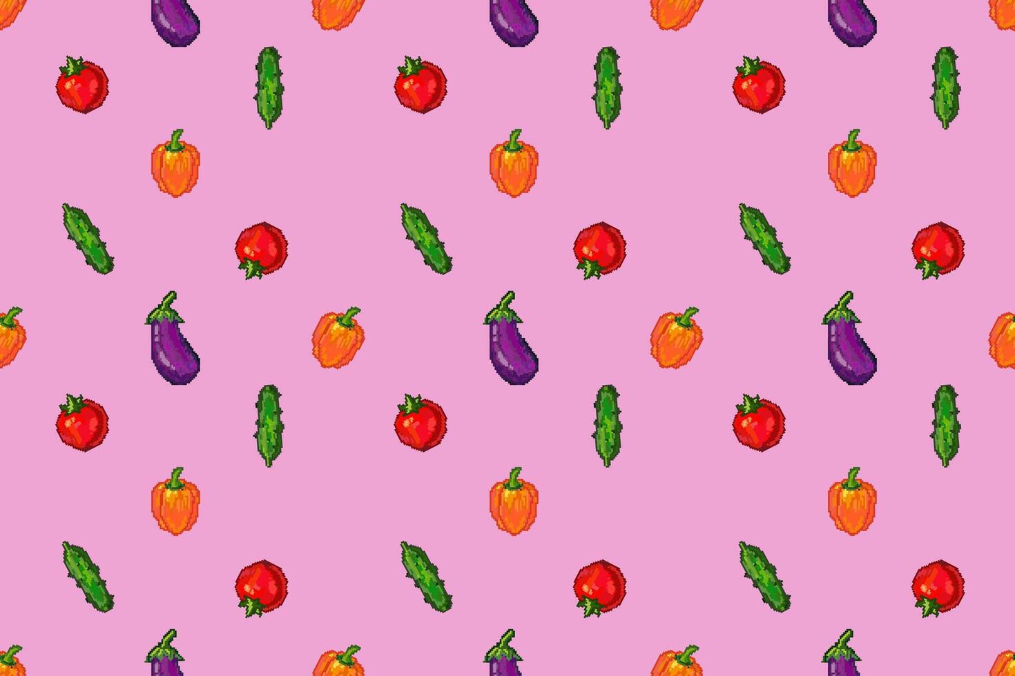 Seamless pixel art pattern with vegetables. Tomato, cucumber, bell pepper, and eggplant in colorful retro 8bit style on pink background. vector