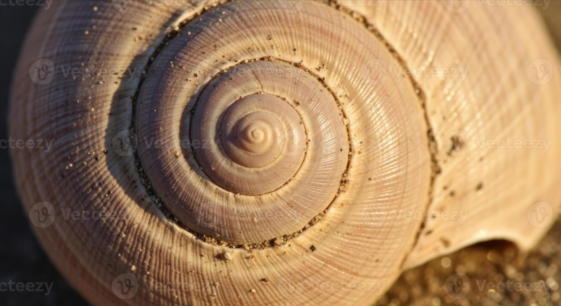 A macro top down view of a seashell, showing the intricate spiral pattern and detailed, rough texture of its surface. photo