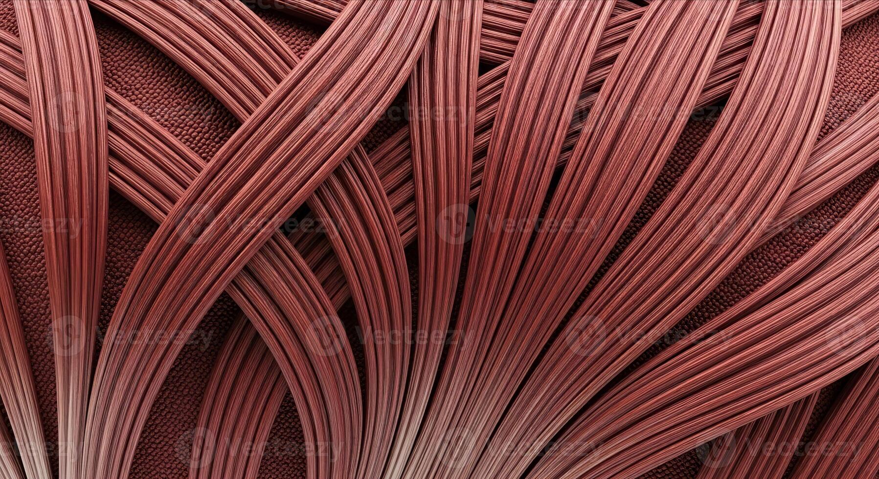 A macro close-up of tightly woven red threads creates an intricate, textured background with flowing lines, highlighting the detail and craftsmanship of fabric or textile. photo