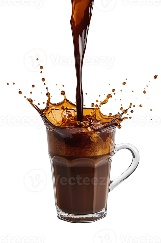 Cascading elixir, aromatic beverage creating a dynamic crown of liquid against an inky space png