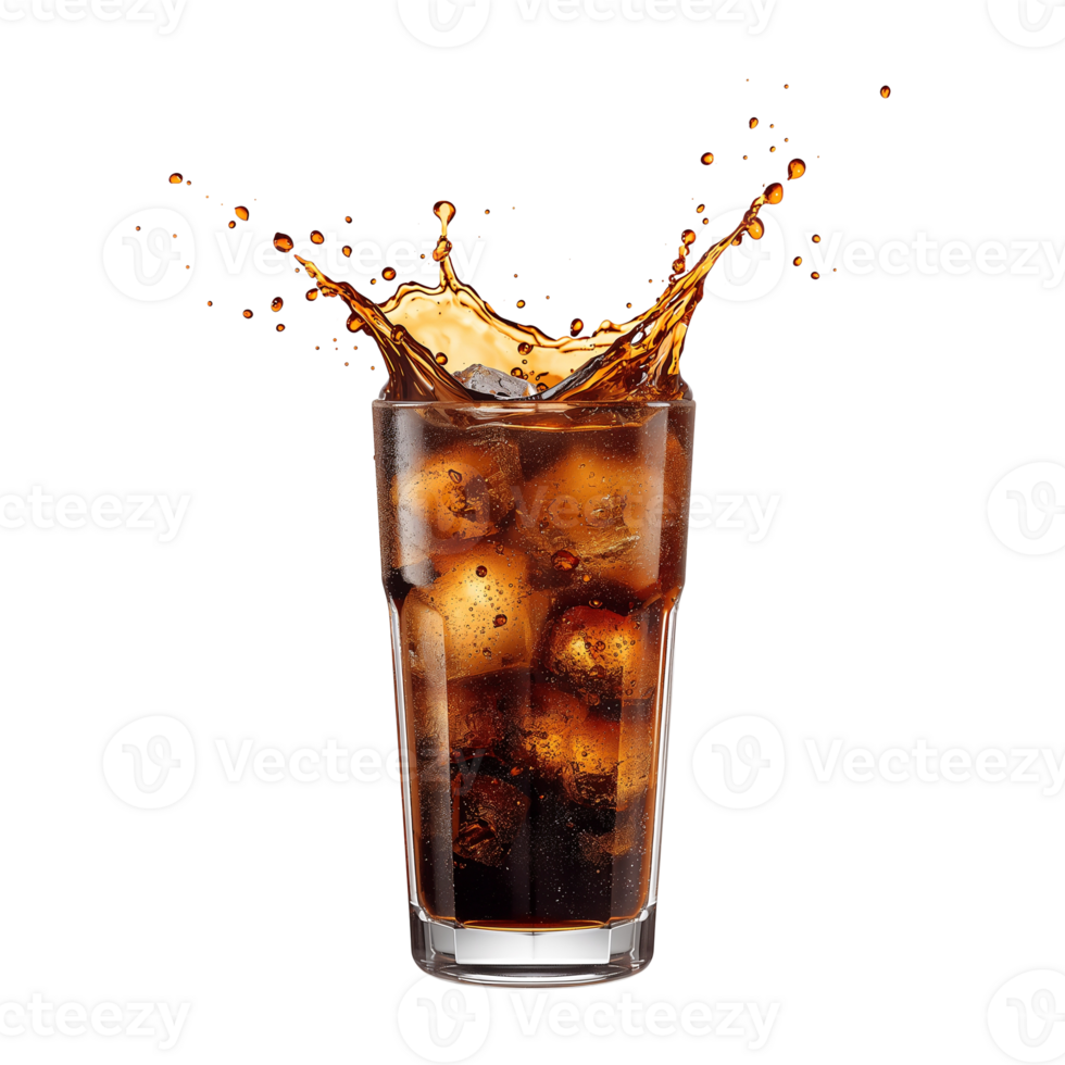 Refreshing Cola Beverage with Ice Cubes Creating a Dynamic Splash on a Clean Isolated Space png