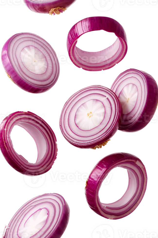 Vibrant red onion slices dynamically arranged against a stark transparent setting, creating an png
