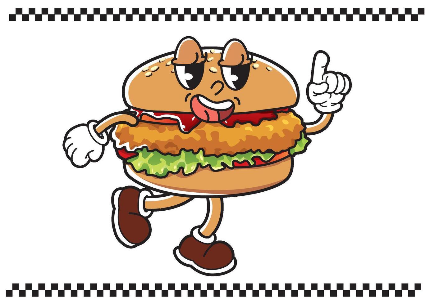 Playful cartoon hamburger character with a cheeky expression pointing while walking. Food concept vector