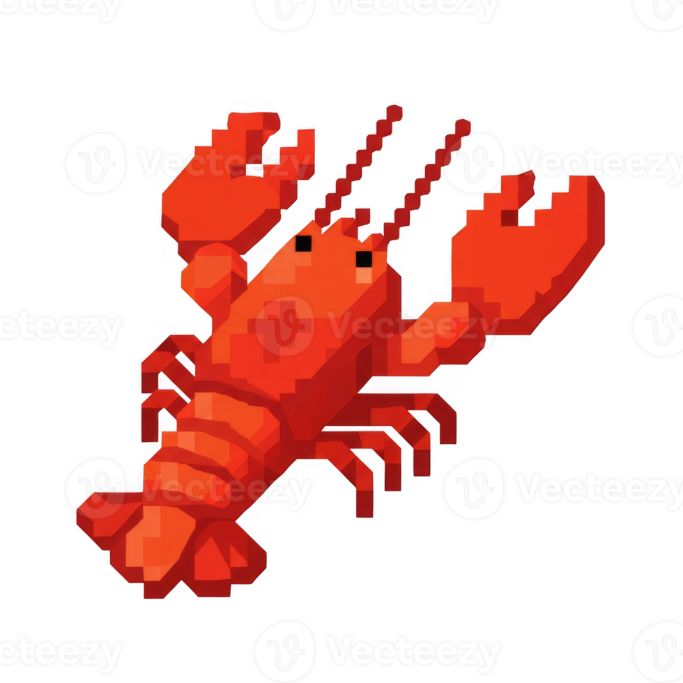 Isometric Red Lobster Pixel Art on Transparent Background with Visible Segmentation and Simple png