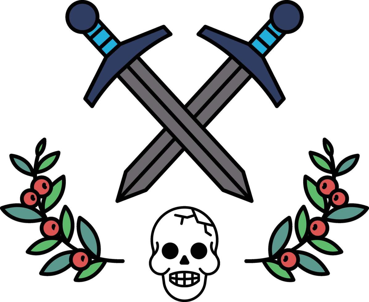 A skull is placed between two swords, with a leafy border surrounding the image vector