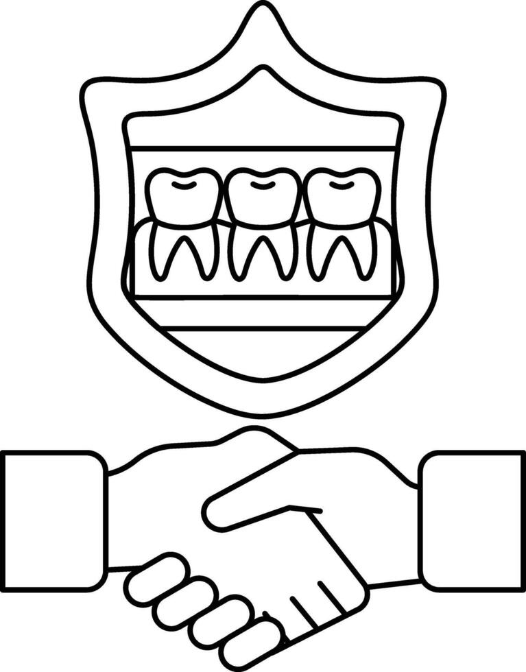 A white and black image of a handshake with a shield behind it vector