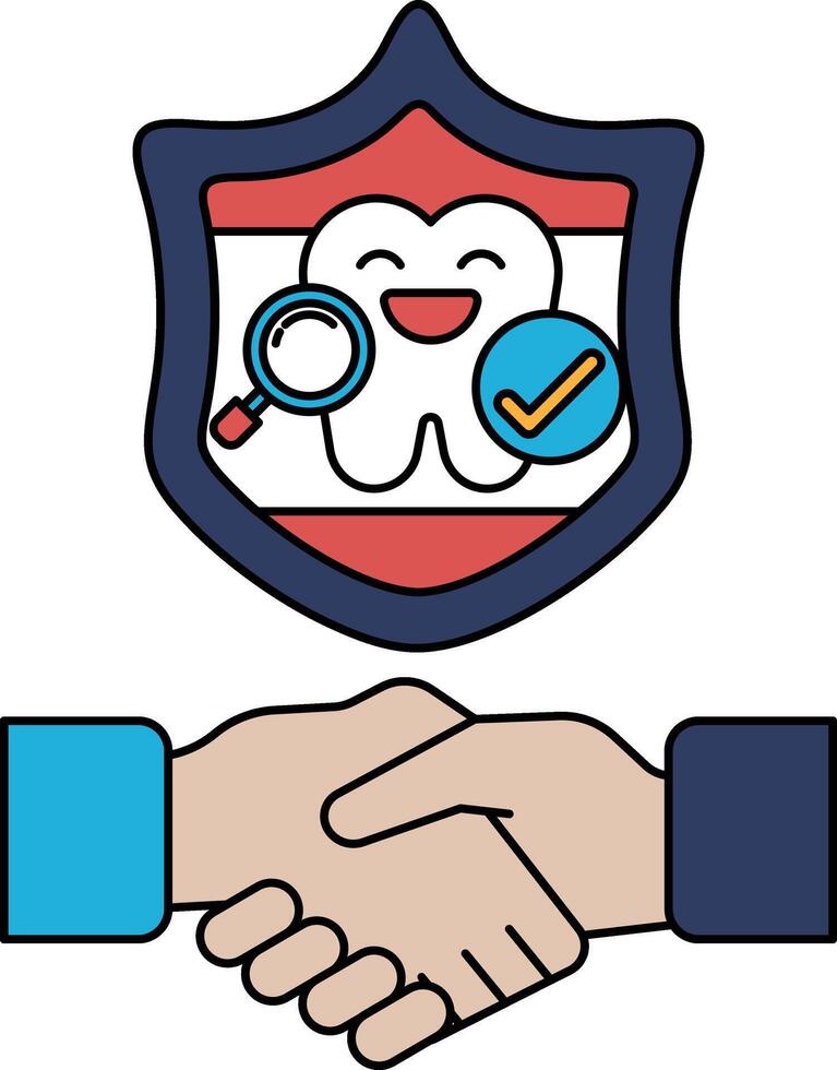 A smiling tooth is shown with a shield and a handshake vector