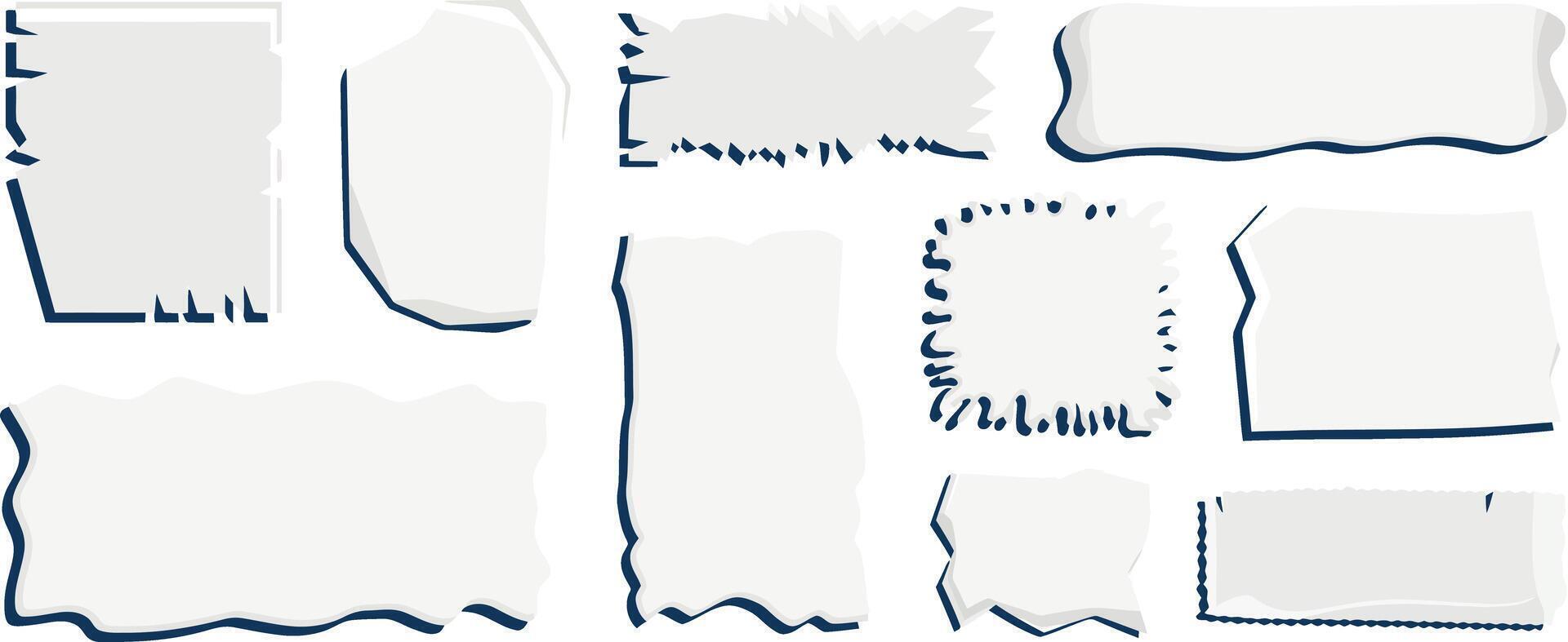 Collection of torn paper scraps with rough edges isolated on white background vector