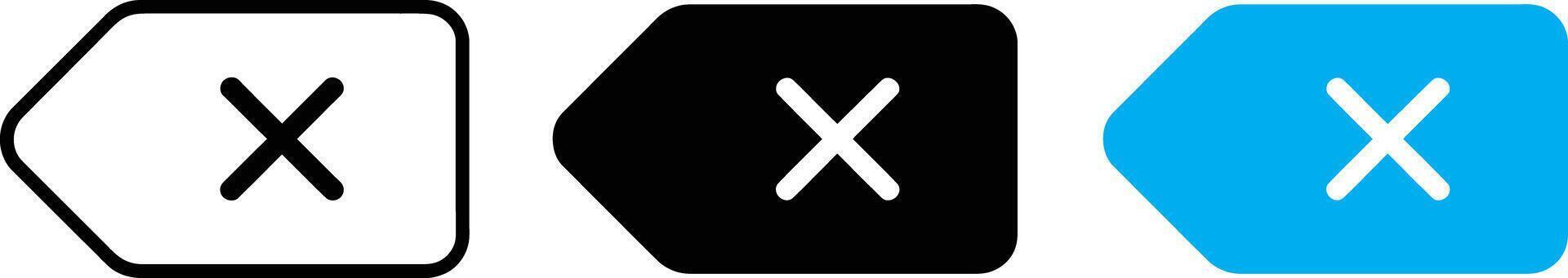 Three delete or backspace key icons with a cross symbol, isolated on white background vector
