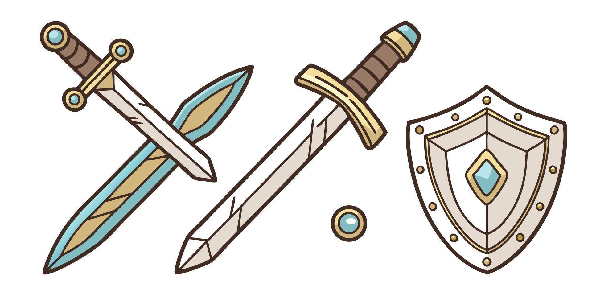 Two crossed medieval swords and a shield with gems weapon crossed swords medieval shield vector