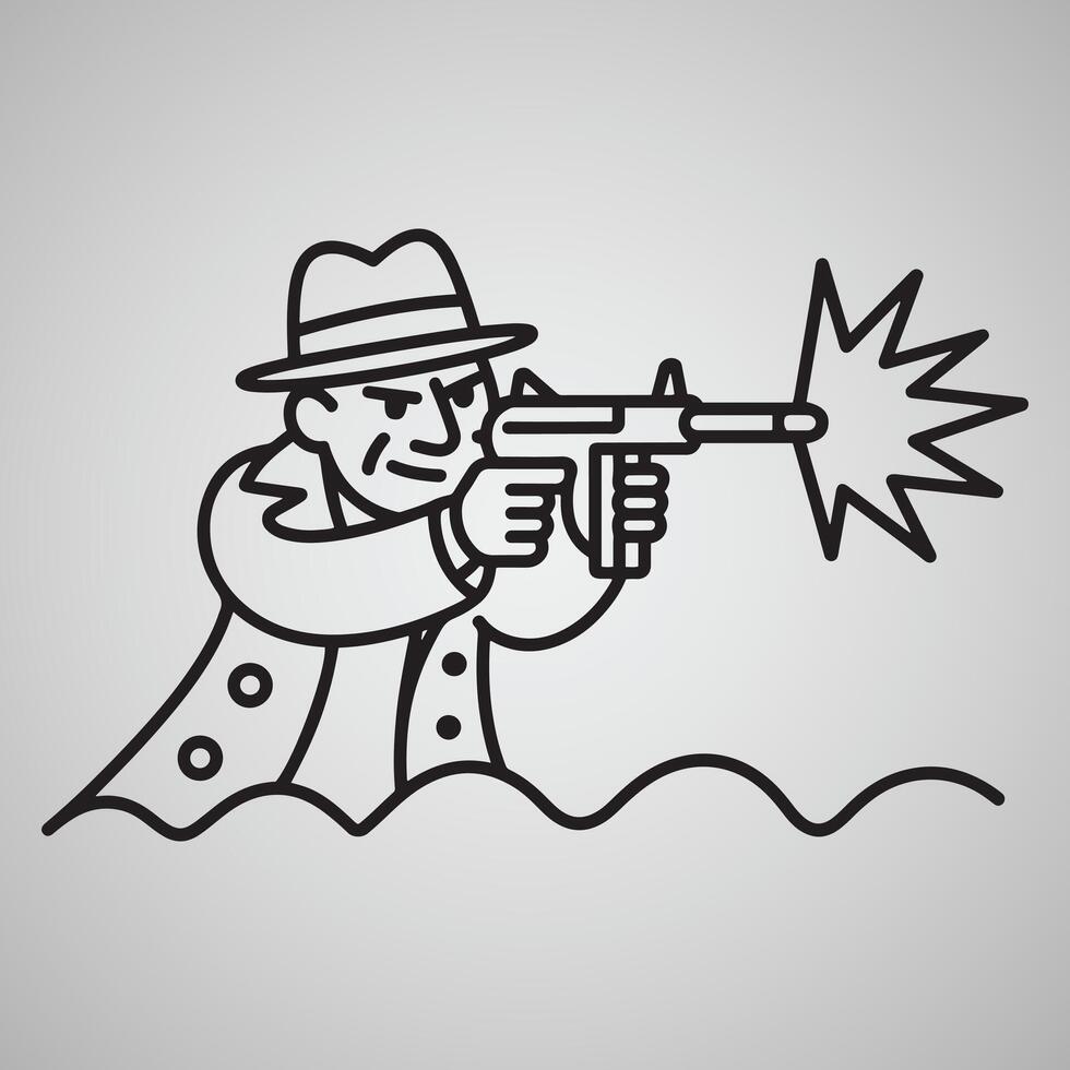 Man in fedora hat firing submachine gun with muzzle flash and wavy lines vector