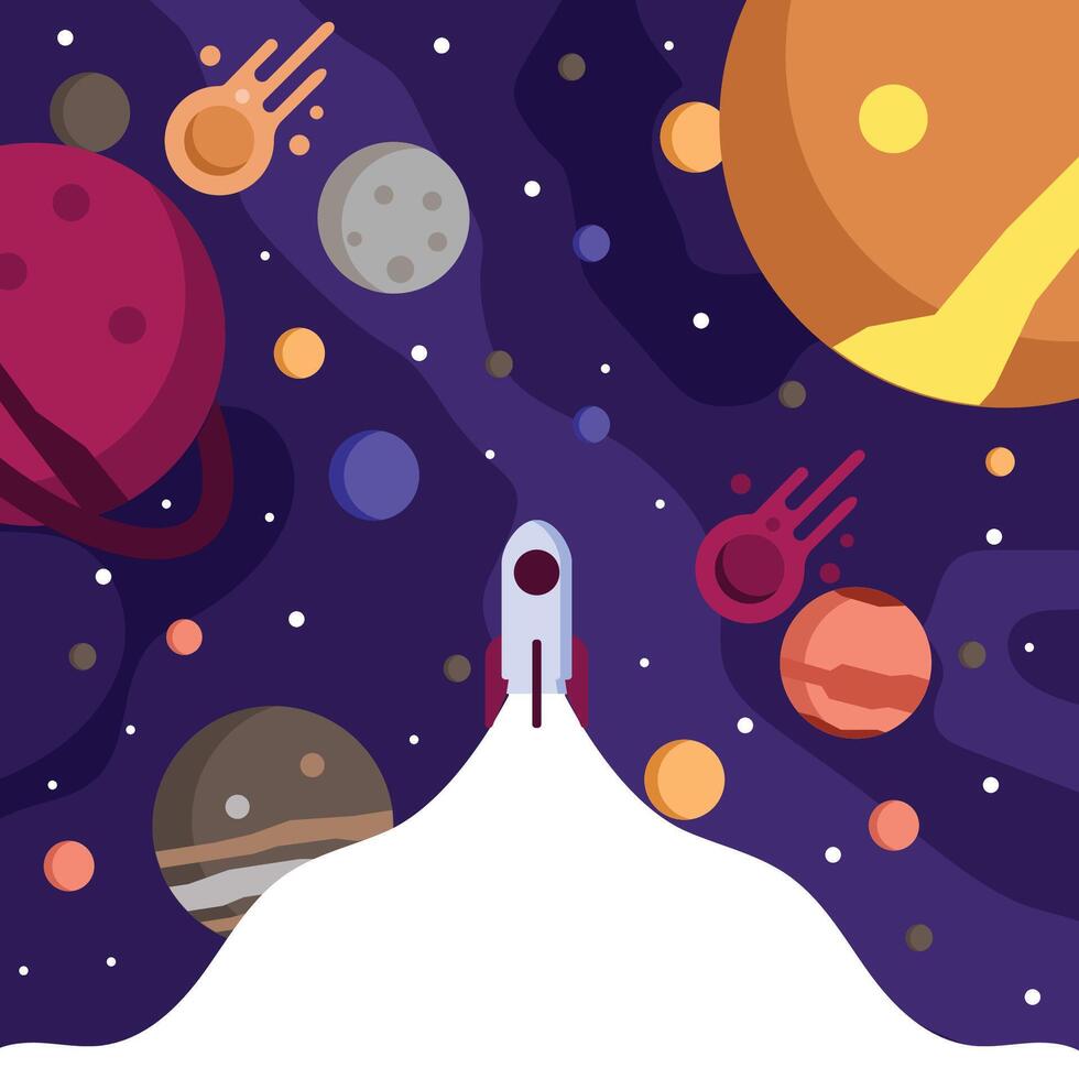 Rocket Launch from Planet in Colorful Space vector