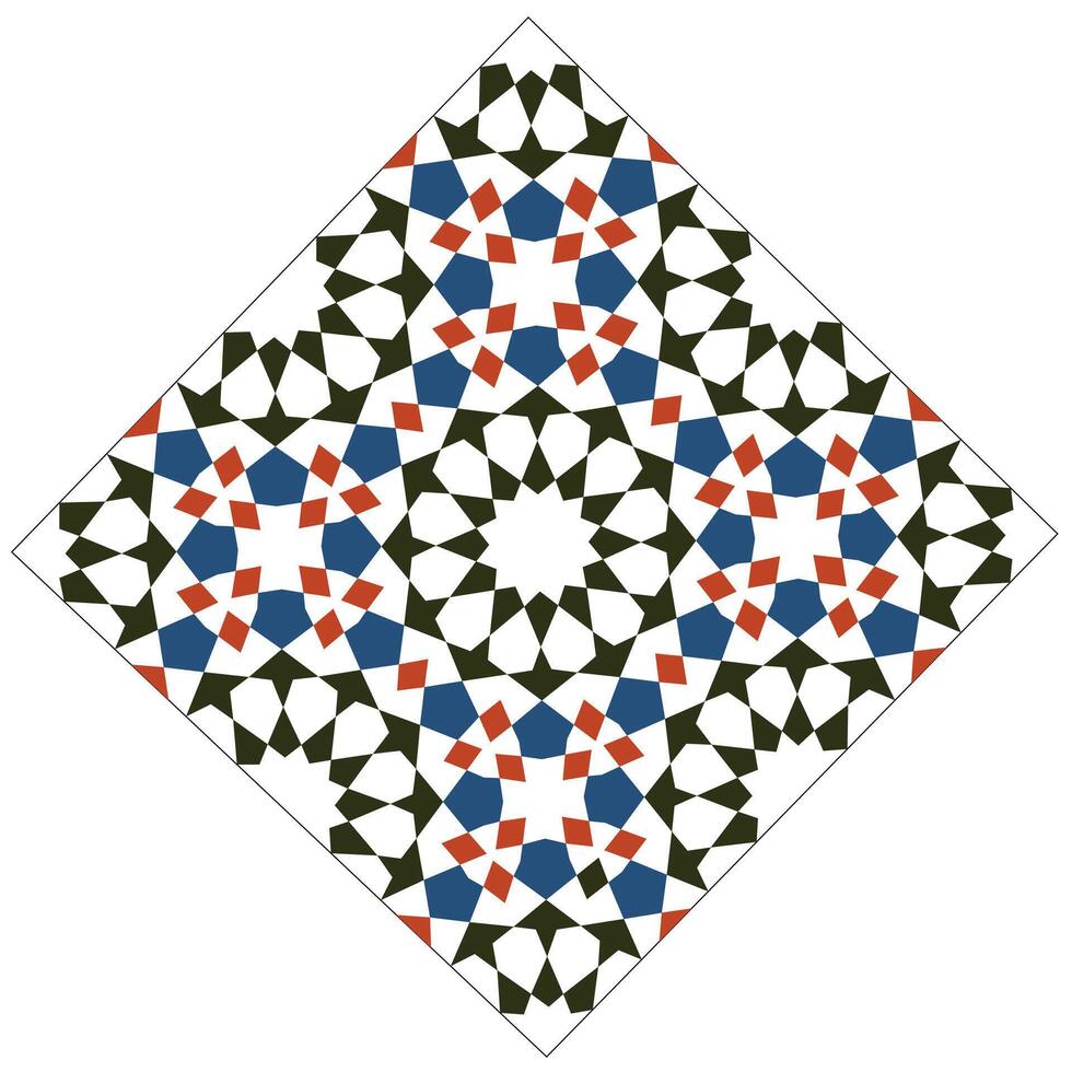 A complex, symmetrical Islamic geometric pattern featuring a central star motif with repeating tessellations and vibrant blue and red details. vector