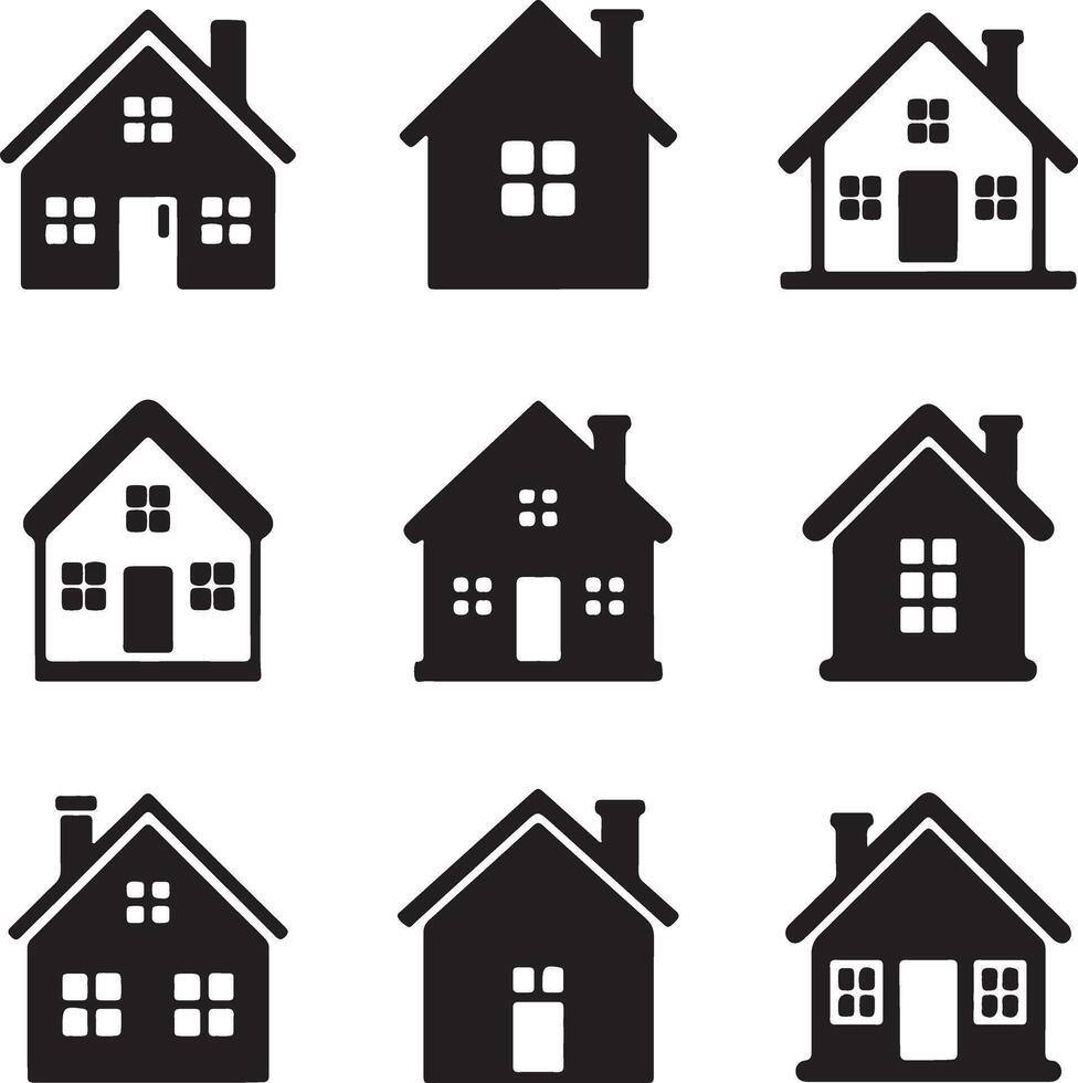 Collection of Black and White House Icons in a Grid Pattern Featuring Various Architectural Styles and Window Placements for Real Estate and Home Design Concepts vector