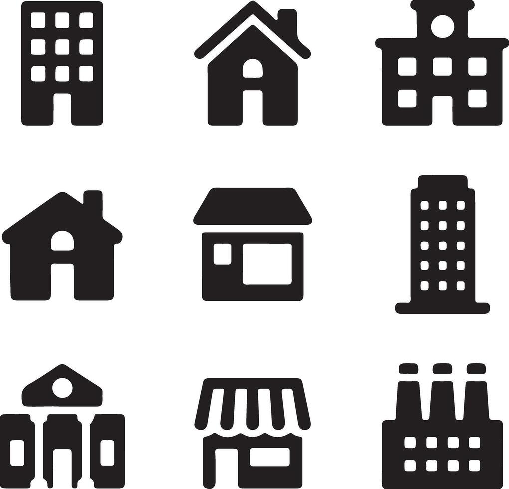Collection of Architectural Building Icons Representing Different Structures like Homes Offices and Factories for Urban Development vector