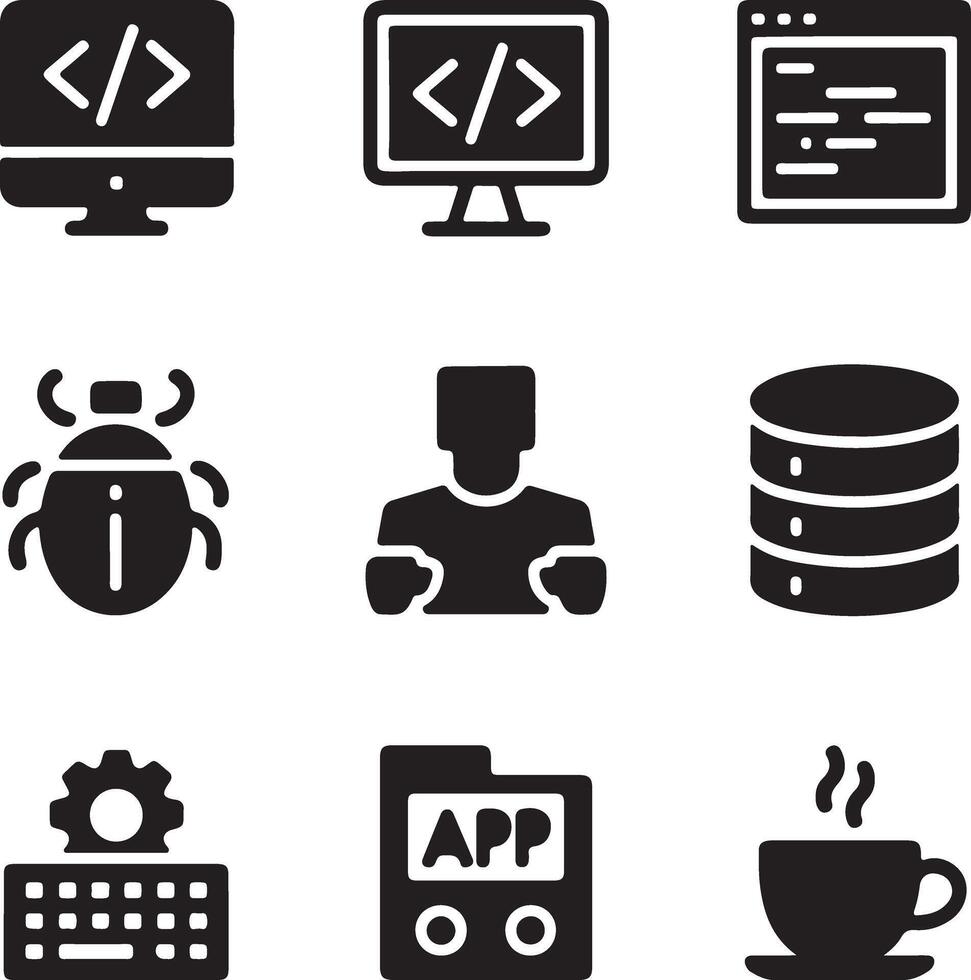 Nine Sleek Black Icons Depicting Software Development, Coding, and Debugging Processes for a Modern Tech Company vector