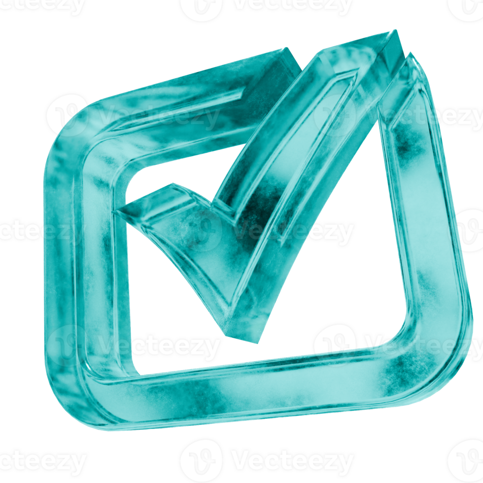3D checkbox shapes in frosted blue ice glass style, isolated on a transparent background. Glassmorphism icons and 3D elements for modern graphic design. png