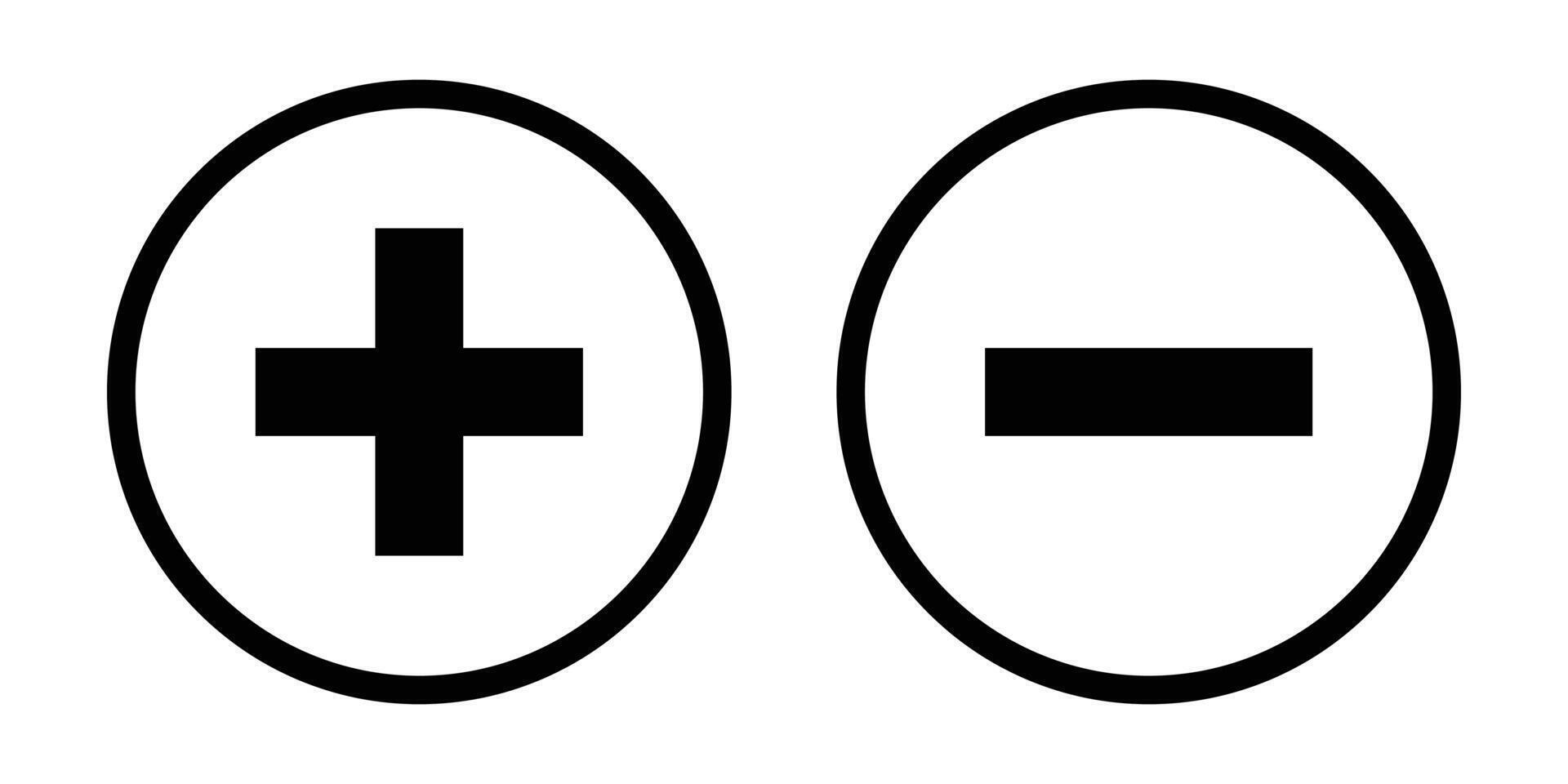 Plus and minus icon set. Circle sign and symbol destination black icon on white background. Element for design isolated website interface development. Simple illustration. vector