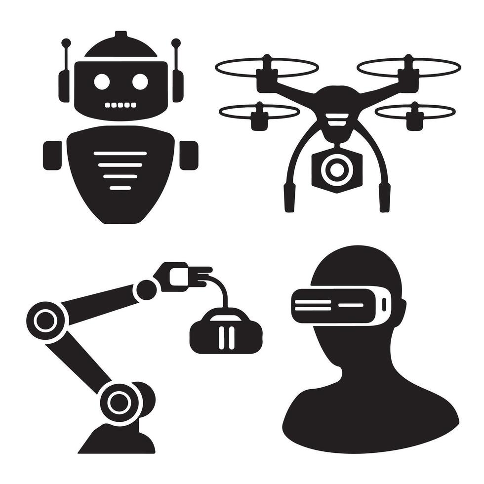 robot, drone and virtual reality icons set vector