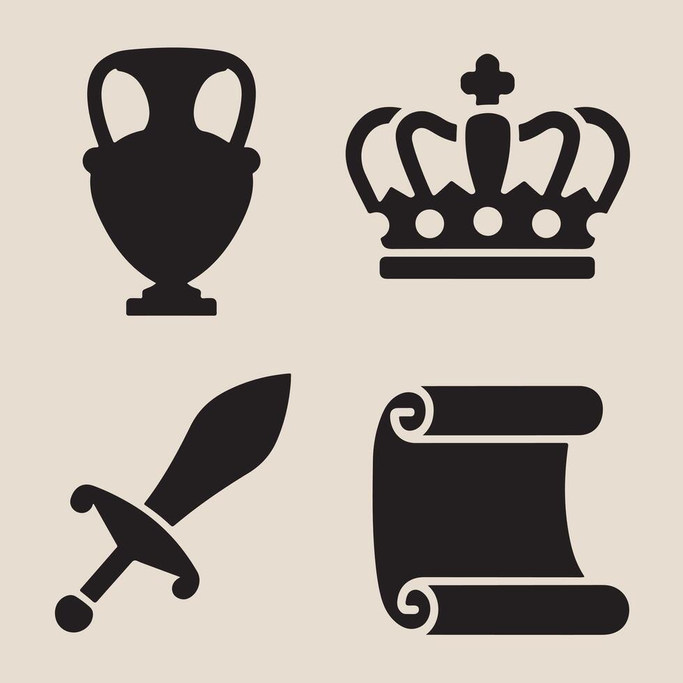 ancient artifacts and symbols set, including a crown, sword, and scroll vector