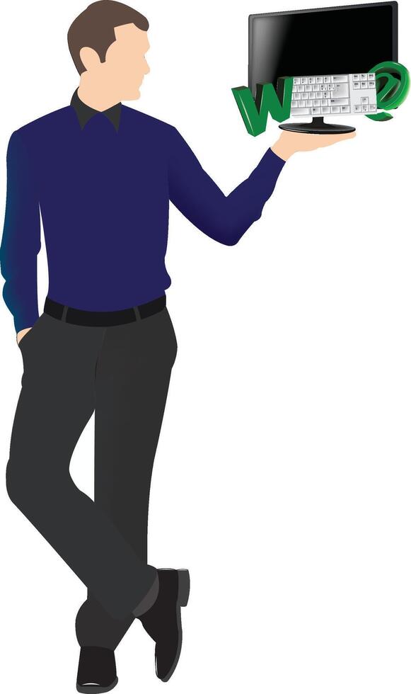 Businessman presenting website interface with computer, keyboard, and www symbol vector