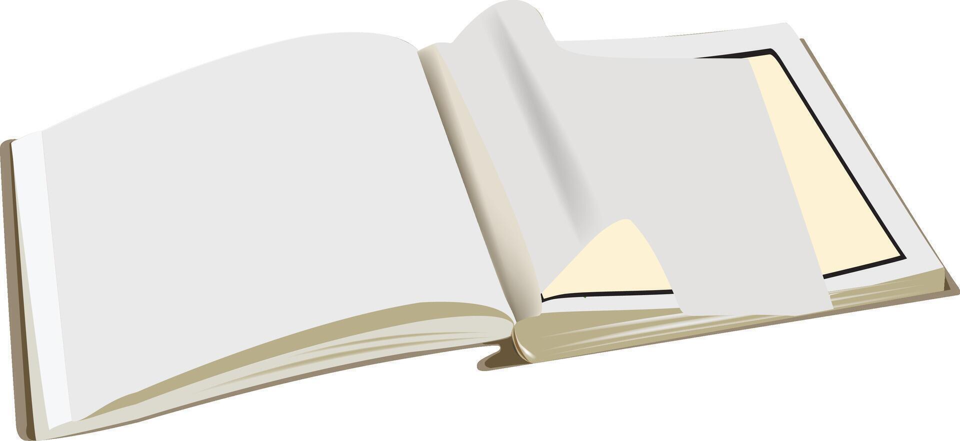 Open book with pages turning and blank sheets displaying potential for text or images vector