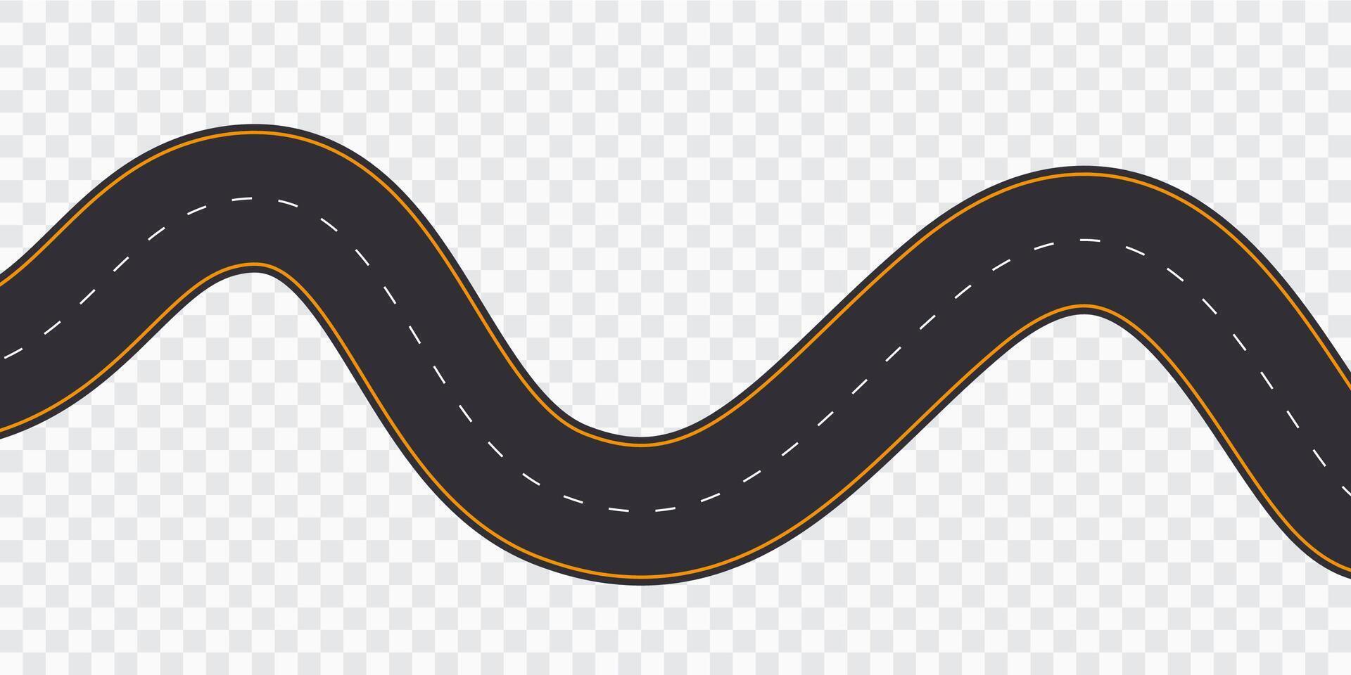 Winding road top view, highway curve path. Empty horizontal way, map. Wavy road template, game, design element. vector