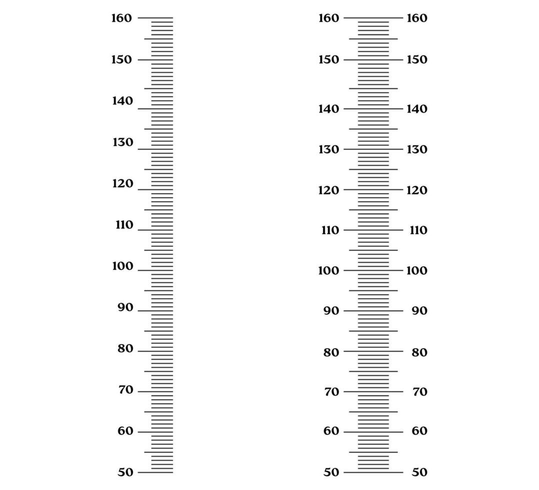 Set Height meter from 50 to 160 measure markup line ruler, vertical stadiometer scale. Kids height chart growth stickers for wall. vector