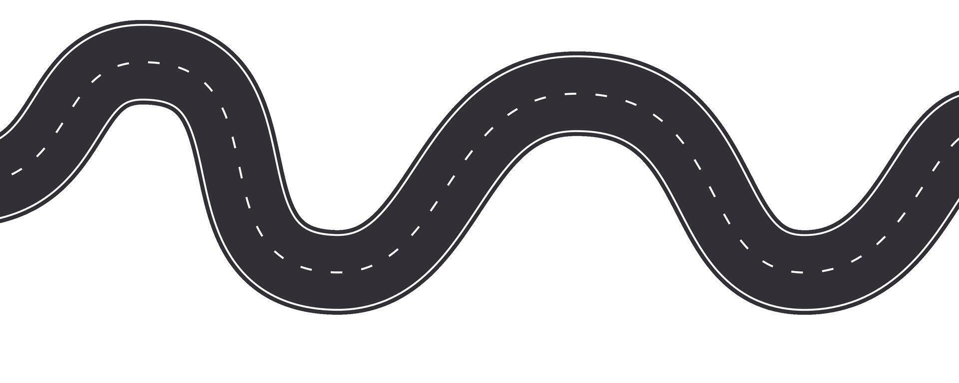 Winding road top view, curve path highway. Empty horizontal way, map. Asphalt wavy road template, game, design element. vector