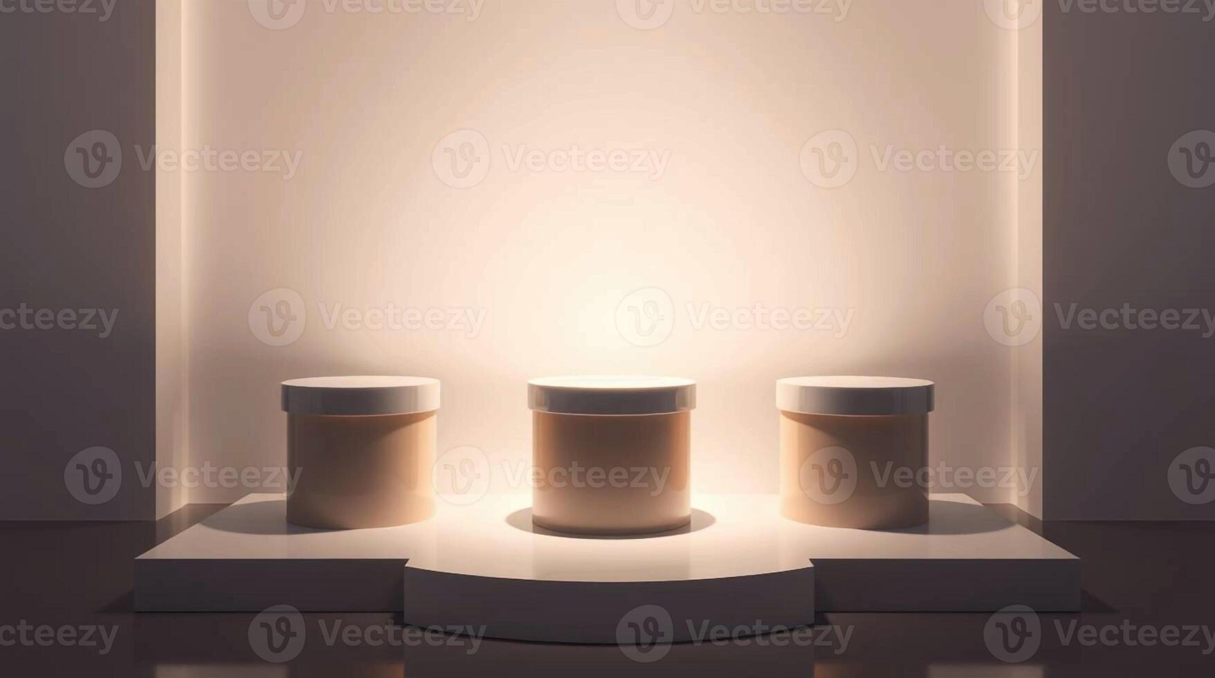 Three illuminated cylindrical objects displayed on a curved shelf within a softly lit niche photo