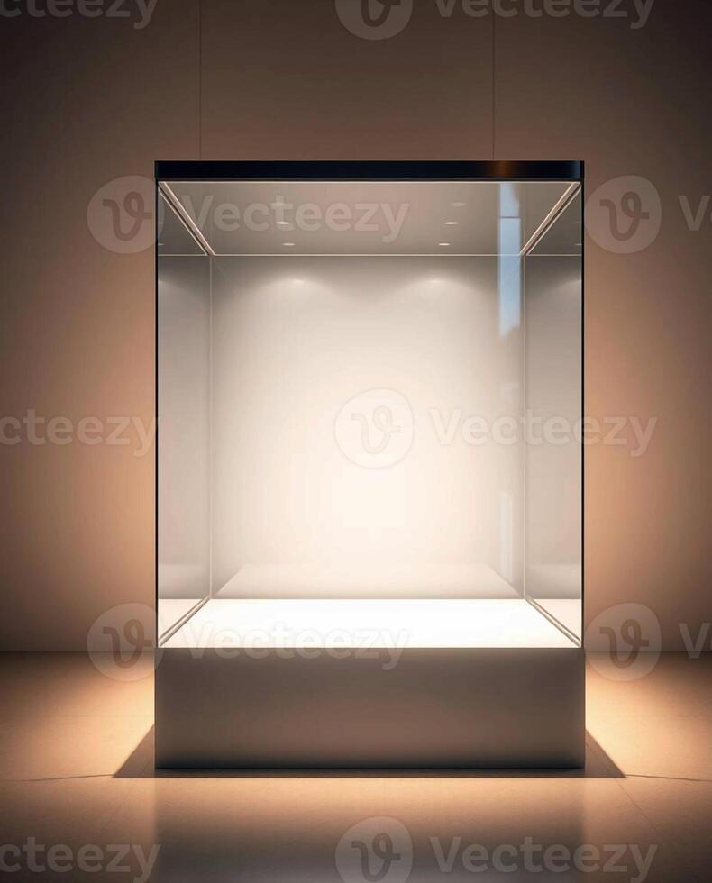 An empty display case with a light shining on it photo