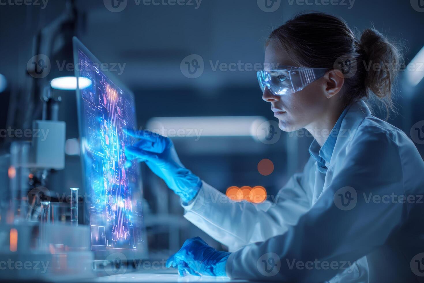 A dedicated scientist in safety goggles uses a transparent digital display to examine complex data in a bright lab. The atmosphere is focused and high-tech, showcasing innovation photo