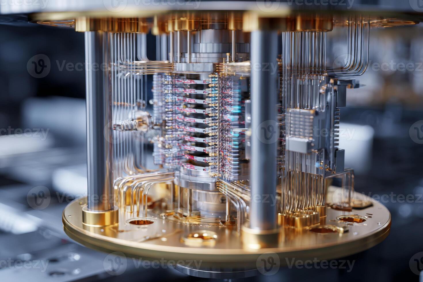 Complex circuitry and components are visible in a cutting-edge quantum computer display, showcasing advanced technology and engineering in a modern lab environment photo